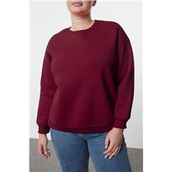 Bordo Oversize/Rahat Kesim Basic Bisiklet Yaka Kalın/İçi polarlı Örme Sweatshirt TBBAW25AO00008