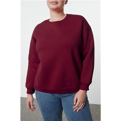 Bordo Oversize/Rahat Kesim Basic Bisiklet Yaka Kalın/İçi polarlı Örme Sweatshirt TBBAW25AO00008