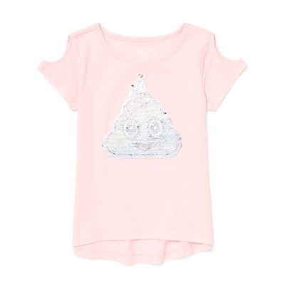 Girls Short Sleeve Flip Sequin Graphic Cold Shoulder Top