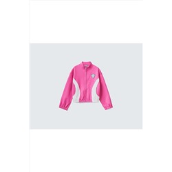United Colors of Benetton Kız Çocuk Fuşya Kontrast Çizgili Simli Patch Işlemeli Sweatshirt 223P39W3C501Z-1Y8