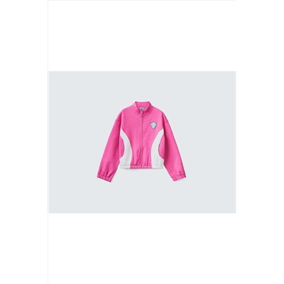 United Colors of Benetton Kız Çocuk Fuşya Kontrast Çizgili Simli Patch Işlemeli Sweatshirt 223P39W3C501Z-1Y8
