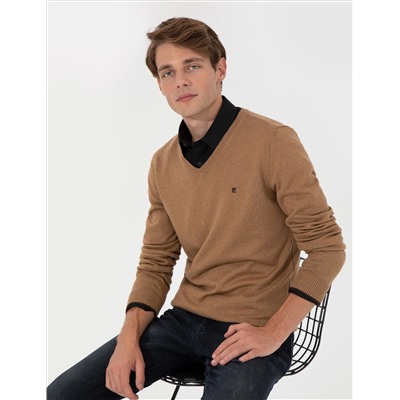Camel Melanj Slim Fit V Yaka Basic Triko Kazak