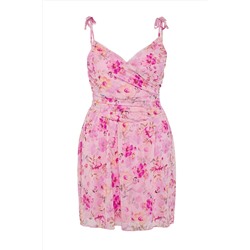 Trendyol Curve Pembe Kruvaze Yaka Çiçek Desenli Tül Skater Mini Örme Büyük Beden Elbise TBBSS25AH00193