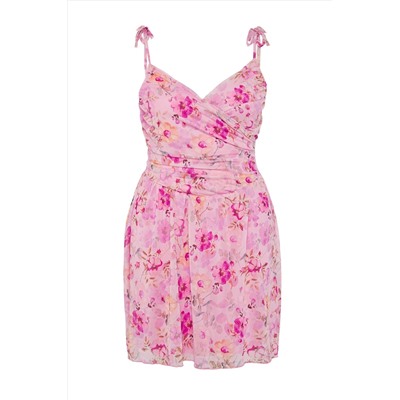 Trendyol Curve Pembe Kruvaze Yaka Çiçek Desenli Tül Skater Mini Örme Büyük Beden Elbise TBBSS25AH00193