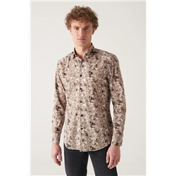 Avva Erkek Camel Soyut Desenli %100 Pamuk Slim Fit Dar Kesim Gömlek A22y2013 A22Y2013