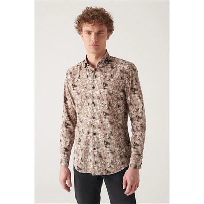Avva Erkek Camel Soyut Desenli %100 Pamuk Slim Fit Dar Kesim Gömlek A22y2013 A22Y2013