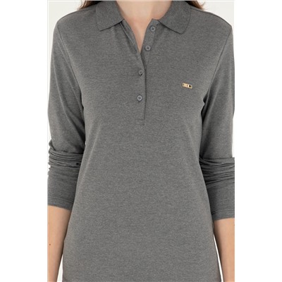 Kadın Antrasit Melanj Basic Polo Yaka Sweatshirt