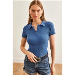 Olalook, Kadın İndigo Polo Yaka Düğmeli Likralı Bluz BLZ-19002558