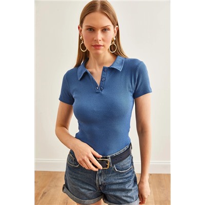 Olalook, Kadın İndigo Polo Yaka Düğmeli Likralı Bluz BLZ-19002558