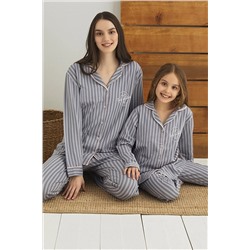 Siyah İnci Pamuklu Likralı Düğmeli Biyeli Pijama Takım 22273150