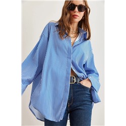 Olalook Kadın Çizgili Mavi Gizli Patlı Poplin Gömlek GML-19000867