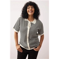 Siyah-Krem Polo Yaka Çizgili Triko Bluz TBBSS25AF00115