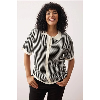 Siyah-Krem Polo Yaka Çizgili Triko Bluz TBBSS25AF00115