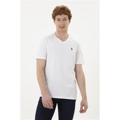 Erkek Regular Fit V Yaka Beyaz Basic Tişört