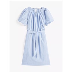 Stripe Puff-Sleeve Belted Dress
