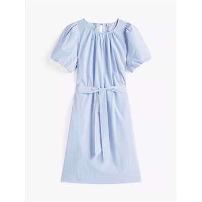Stripe Puff-Sleeve Belted Dress