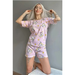 Pijamaevi Toz Pembe Bear Stars Baskılı Şortlu Kadın Pijama Takımı 2339