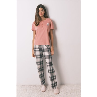 Pijama largo 100% algodón rosa cuadros Stitch