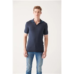 Avva, Erkek Lacivert Düğmesiz Örgü Detaylı Triko T-shirt A31y5120