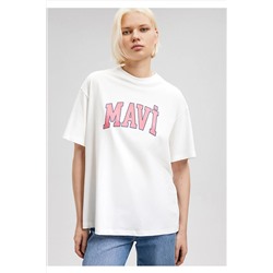 MaviLogo Baskılı Beyaz Tişört Oversize / Geniş Kesim 1600843-80194