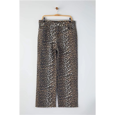 Çok Renkli Yüksek Bel Leopar Desenli Straight Fit Büyük Beden Jeans TBBAW25CJ00003