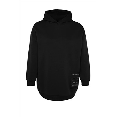 Siyah Kapüşonlu Slogan Detaylı İçi Polar Kalın Örme Sweatshirt TBBAW24AO00018