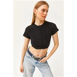 Olalook, Kadın Siyah Parçalı Crop Sandy Bluz BLZ-19002522