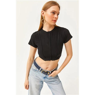 Olalook, Kadın Siyah Parçalı Crop Sandy Bluz BLZ-19002522