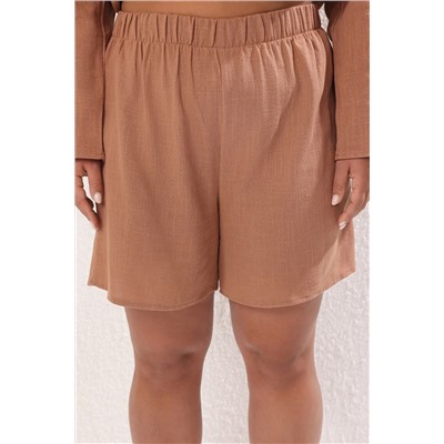 Kahverengi V Yaka Bağlama Detaylı Pamuk Flam Beachwear Büyük Beden Alt-Üst Takım TBBSS25CP00012