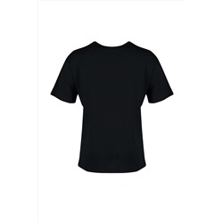 Siyah Bisiklet Yaka Büzgü Detaylı %100 Pamuk Örme T-Shirt TBBSS22TS2293