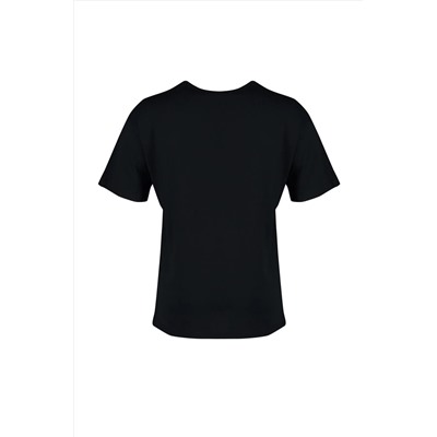 Siyah Bisiklet Yaka Büzgü Detaylı %100 Pamuk Örme T-Shirt TBBSS22TS2293