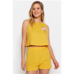 TRENDYOLMİLLA Sarı Baskılı Sıfır Kol Atlet-Şort Örme Pijama Takımı THMSS23PT00174