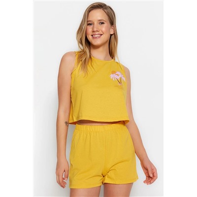 TRENDYOLMİLLA Sarı Baskılı Sıfır Kol Atlet-Şort Örme Pijama Takımı THMSS23PT00174