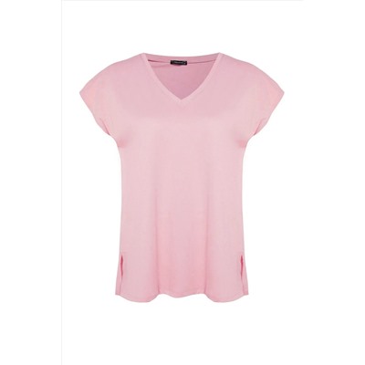 Pembe Boyfriend V Yaka Yırtmaçlı %100 Pamuk Örme T-Shirt TBBSS22BF0036