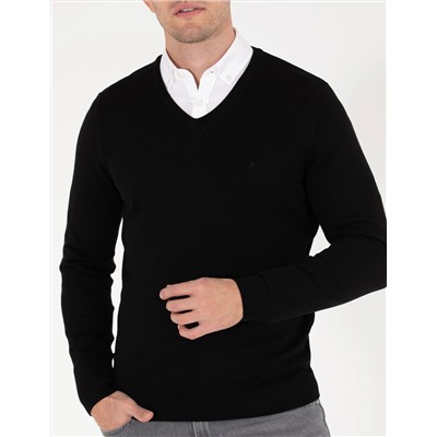 Siyah Slim Fit V Yaka Basic Triko Kazak