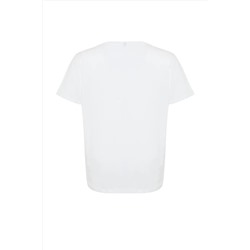Beyaz Boyfriend Fit Bisiklet Yaka Baskılı %100 Pamuk Örme Büyük Beden T-Shirt TBBSS22TS1944