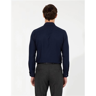Lacivert Slim Fit Armürlü Uzun Kollu Gömlek