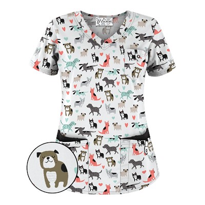 UA Doggy Dog White Print Scrub Top