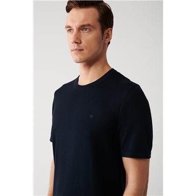 Lacivert Bisiklet Yaka Pamuklu Regular Fit Standart Kesim İnce Triko T-Shirt
