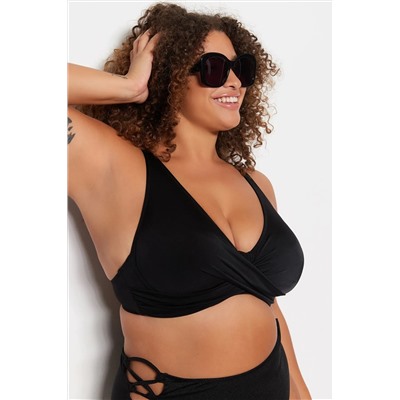 Siyah Derin V Büzgülü Büyük Beden Bikini Üstü TBBSS23CT00011