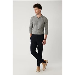 Avva Erkek Lacivert Yandan Cepli Yan Beli Lastikli Esnek Gofreli Duble Paça Slim Fit Dar Kesim Chino Pant A32Y3076