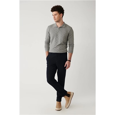 Avva Erkek Lacivert Yandan Cepli Yan Beli Lastikli Esnek Gofreli Duble Paça Slim Fit Dar Kesim Chino Pant A32Y3076