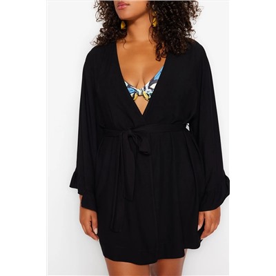 Siyah Kolu Fırfırlı Volanlı Viskon Plaj Giyim Dokuma Büyük Beden Kimono&Kaftan TBBSS23DE00001