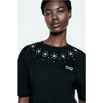 SLOGAN T-SHIRT WITH RHINESTONES