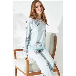 Siyah İnci Yeşil Çiçek Desenli Dantel Detaylı Örme Pijama Takımı 7643