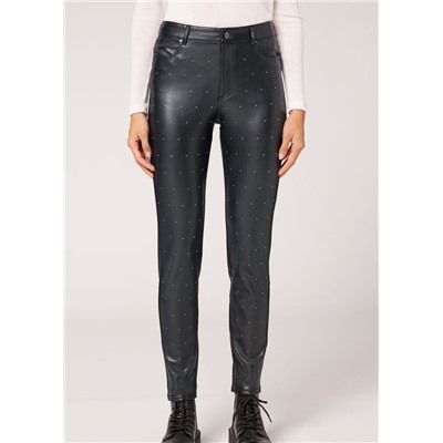 Skinny Thermo-Leggings in Lederoptik mit Allover-Nieten
