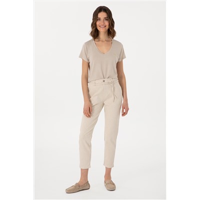 Kadın Ekru Çizgili Keten Karışımlı Carrot Fit Jean Pantolon