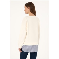 Kadın Krem Gömlek Detaylı Bisiklet Yaka Sweatshirt