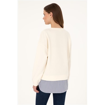 Kadın Krem Gömlek Detaylı Bisiklet Yaka Sweatshirt