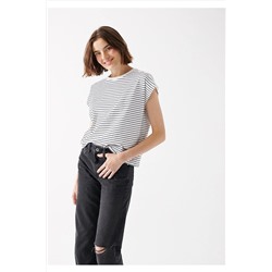 Mavi Çizgili Beyaz Tişört Loose Fit / Bol Rahat Kesim 1600991-34519